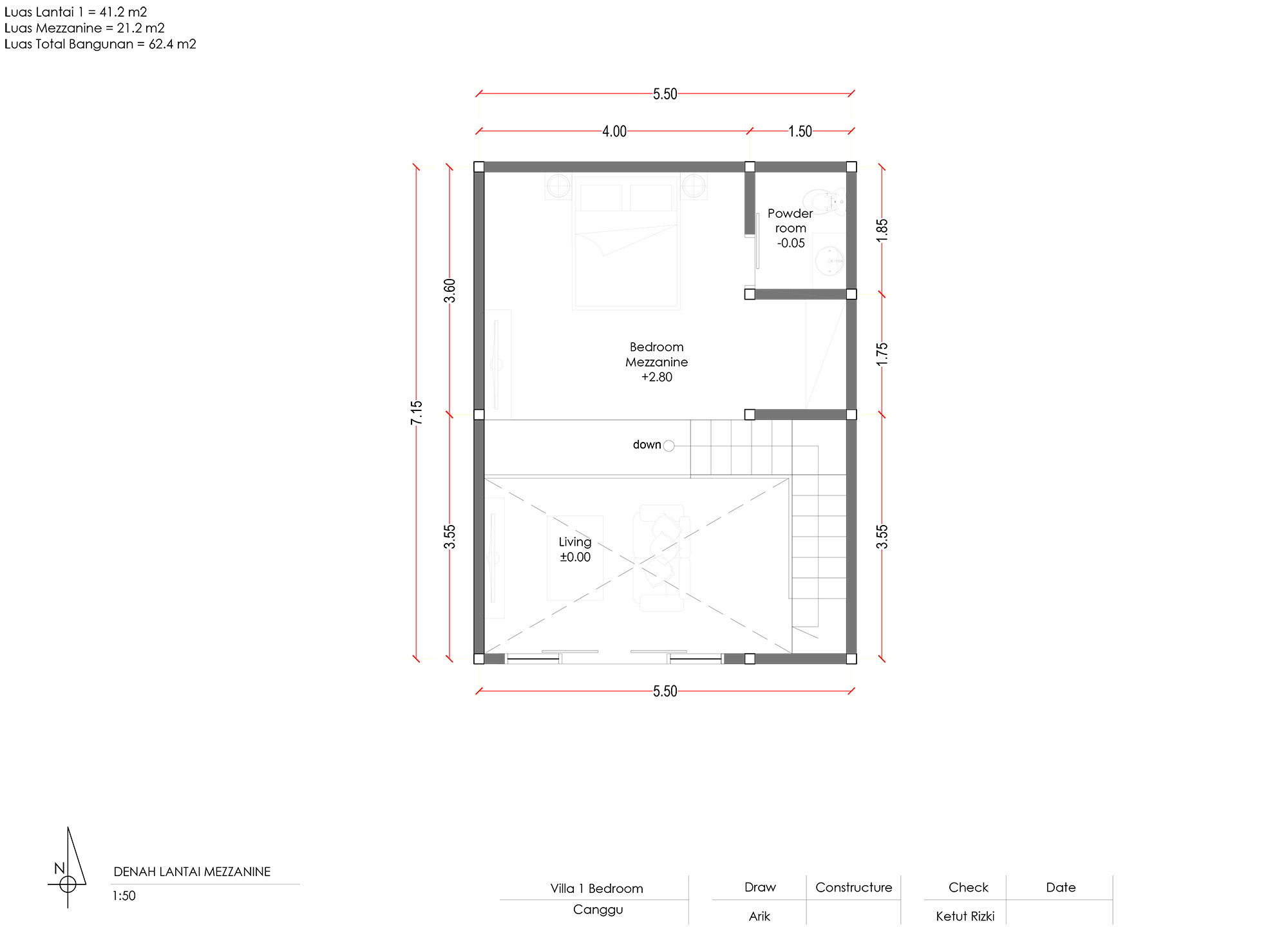 Bali Holidat Propertise Denah 1 Bedroom Mezzanin 2